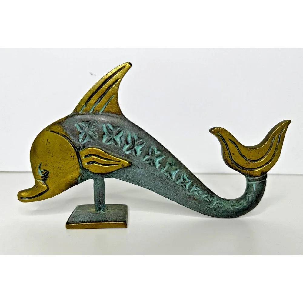 Brass Dolphin Figure Table Top Polished Patina textured Solid Marine Beach Coast